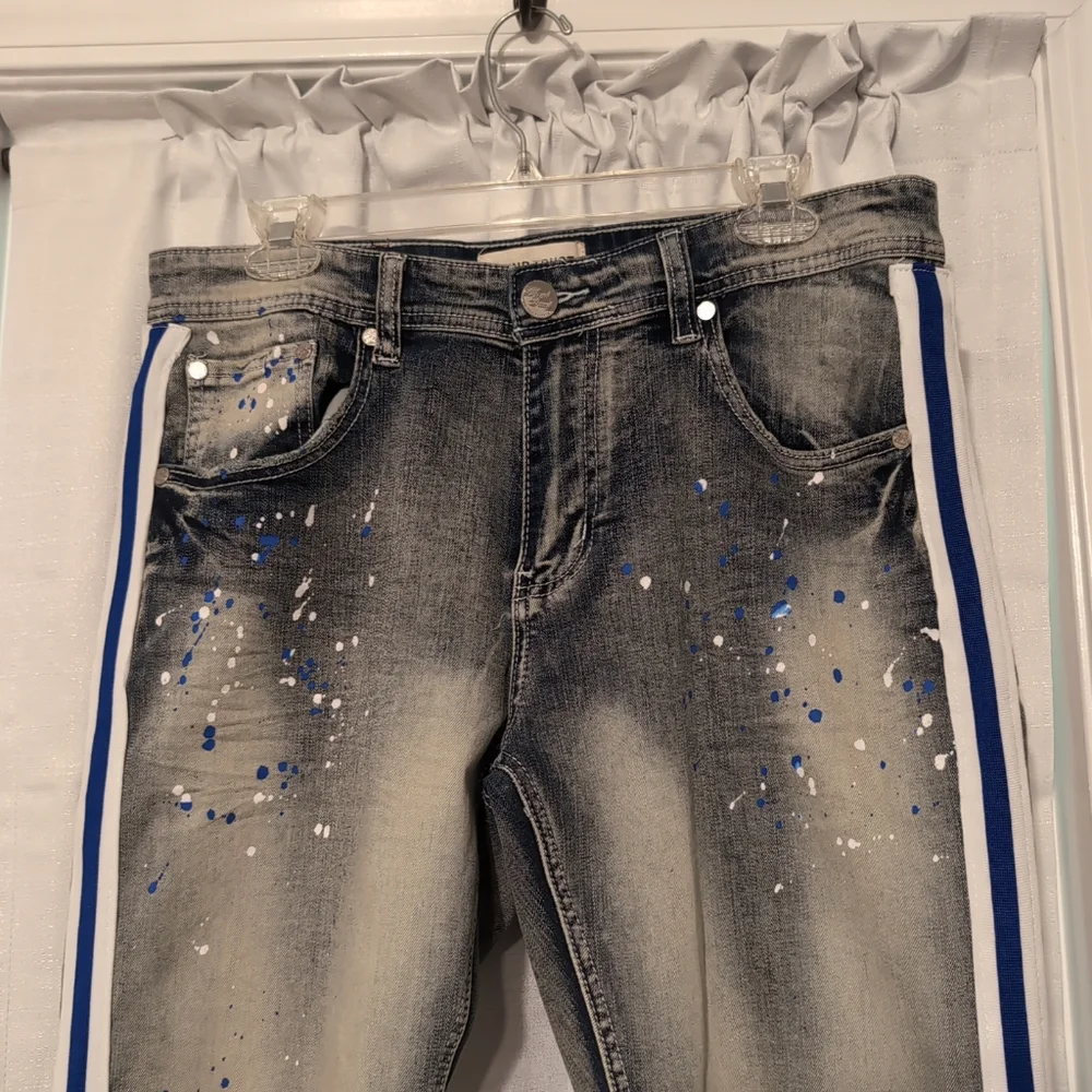 Blind Trust Men's‎ Straight Leg Distressed Jeans Blue & White Stripes Size 34/32